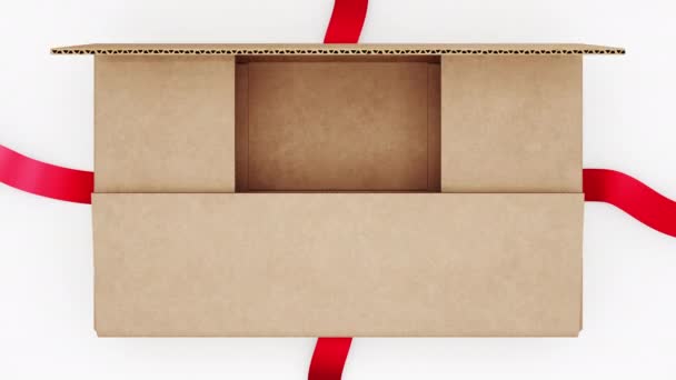 Beautiful Cardboard Box with Ribbons and Big Bow Opening Розпаковка Carton Gift Box 3d Animation з Green Screen Alpha і Mask Channels. Пов'язування декоративного вузла. 4k UHD 3840x2160. — стокове відео