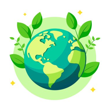 Yeşil yapraklı ve yıldızlı toprak küre, vektör illüstrasyonu