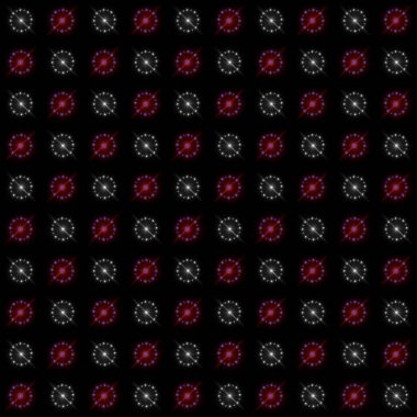 Siyah arkaplan üzerinde dairesel yıldızların soyut yinelenen şablonu. Kırmızı ve beyaz ışık efektleri ile sürekli değişen soyut yıldız deseni..