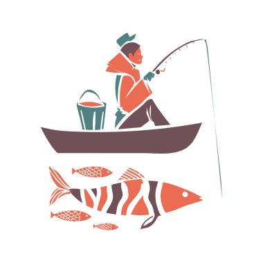 Balıkçı ve balık illüstrasyon vektör