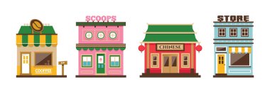 dört vektör dükkanı binası, kahve dükkanı, dondurma, kepçe, çin gıda, mağaza, pazar