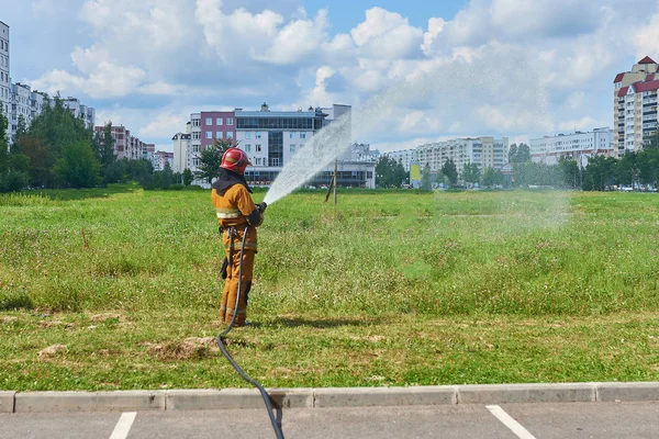 A man firefighter from a fire hose watering the grass
