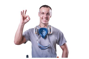 Adam, Builder, Gözlük, tamam beyaz arka plan üzerinde izole işareti gösterir