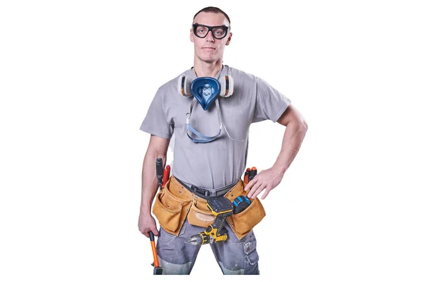 Homem, Construtor, óculos, posando, isolado no fundo branco . — Fotografia de Stock