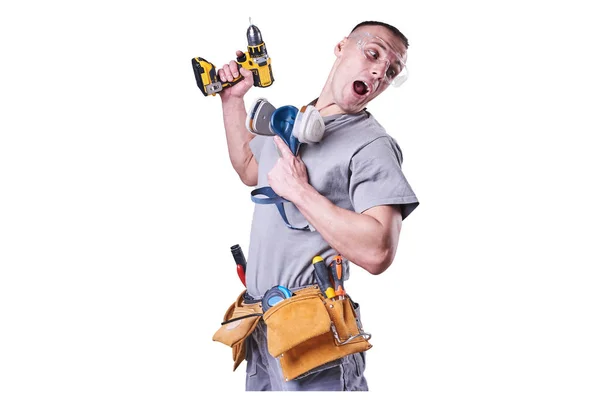 Hombre, constructor, gafas, destornillador en mano saltando aislado sobre fondo blanco — Foto de Stock