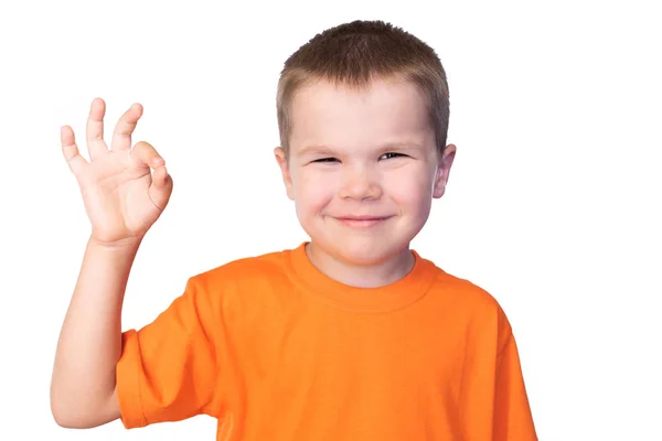 Kleine schattige jongen toont OK teken en glimlachend, geïsoleerd op witte achtergrond — Stockfoto