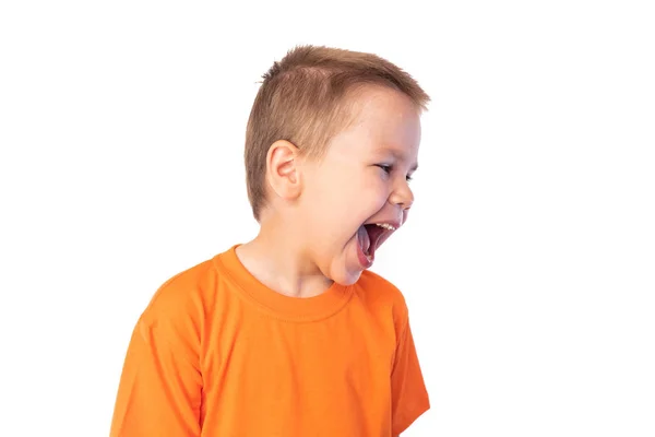 Милий маленький хлопчик весело сміється, ізольований на білому тлі — стокове фото