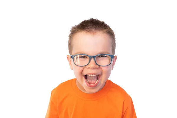 Pequeño chico lindo en gafas divertido riendo, aislado sobre fondo blanco — Foto de Stock