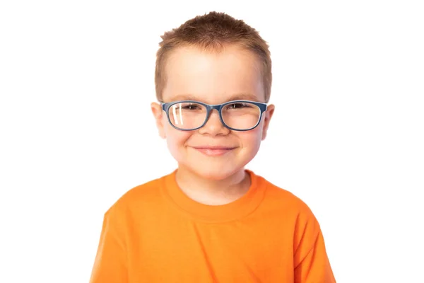 Piccolo ragazzo carino con gli occhiali sorridente isolato su sfondo bianco — Foto Stock