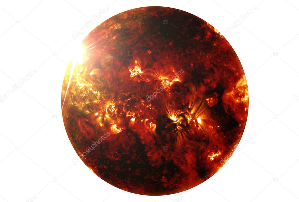 The sun with a set of solar storms isolated on a white background Elements of this image were furnished by NASA