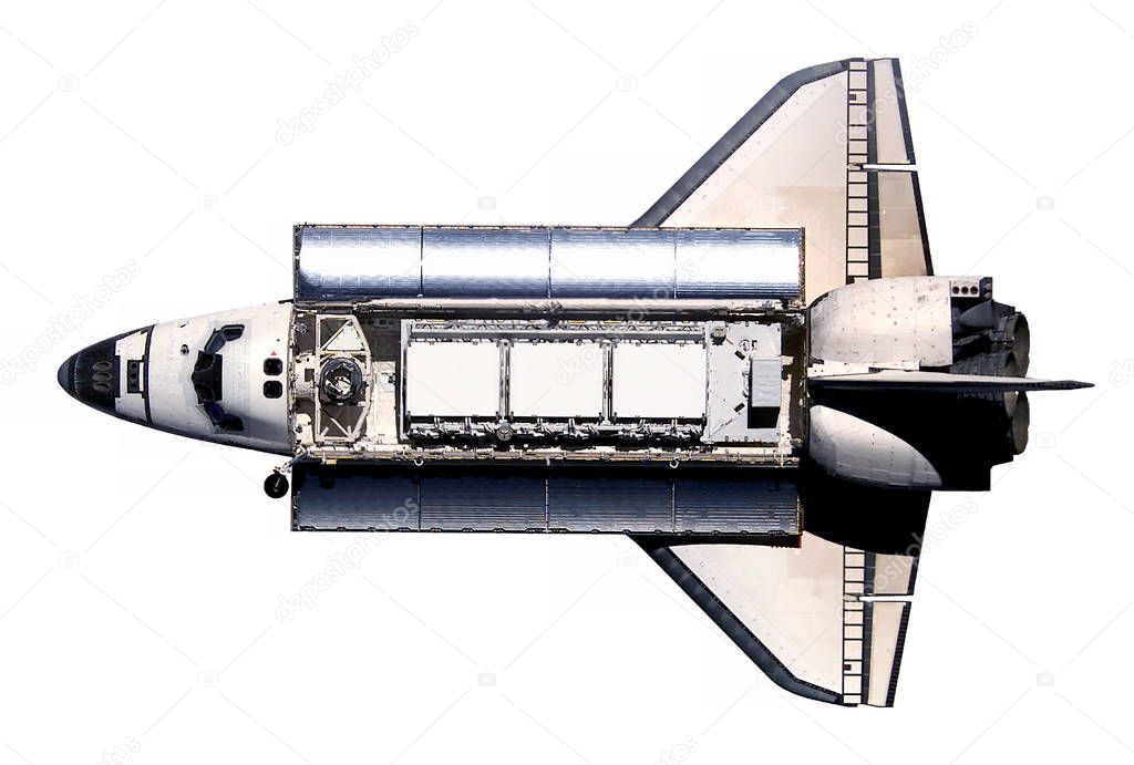 The space shuttle, with the satellite onboard, isolated on a white background. Elements of this image were furnished by NASA