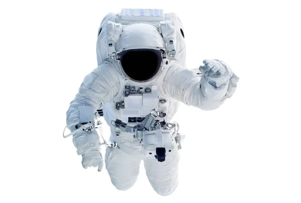 De astronaut in een ruimtepak, golven een hand, geïsoleerd op een witte achtergrond. Elementen van dit beeld werden geleverd door NASA — Stockfoto