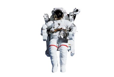 Uzay giysisi giymiş astronot, bir dış uzayda, sigortasız, beyaz bir arka plan üzerinde izole edilmiş. Bu görüntünün unsurları Nasa tarafından döşenmiştir