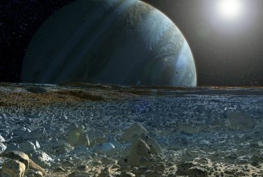Jüpiter'in görünümü, uydu Avrupa'dan, köşede Güneş ile. Bu görüntünün unsurları Nasa tarafından döşenmiştir