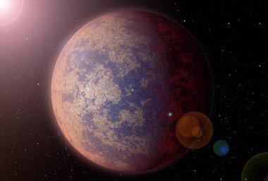 Mars gezegeni, okyanuslar ve denizler ile alışılmadık mavi renkte, güneş ışığı ile. Bu görüntünün unsurları Nasa tarafından döşenmiştir