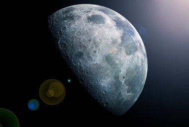 Ay göktaşları ile çukurlu, karanlık bir arka plan üzerinde, ışık ile. Bu görüntünün unsurları Nasa tarafından döşenmiştir