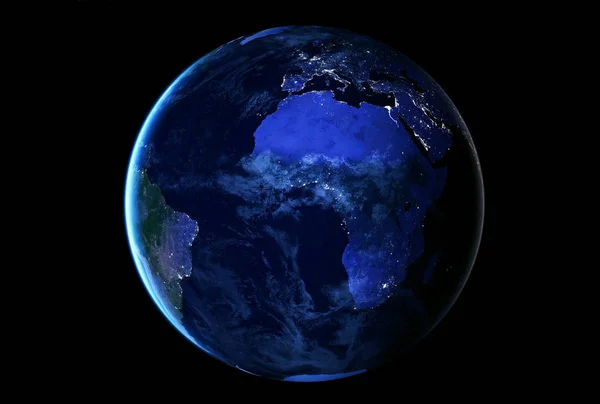Planeta Ziemia w nocy z kosmosu. Z Europy i Afryki. Elementy tego obrazu zostały dostarczone przez NASA — Zdjęcie stockowe