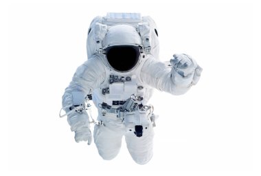 Uzay giysisi giyen astronot, beyaz bir arka plan üzerinde izole edilmiş bir el sallıyor. Bu görüntünün unsurları Nasa tarafından döşenmiştir