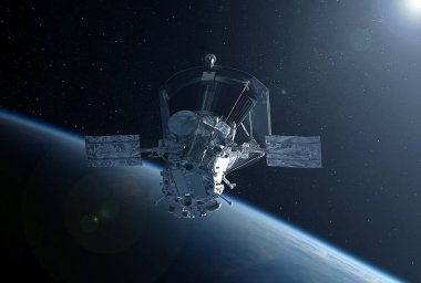 Dünya'nın üzerinde uzayda büyük uzay uydusu. Bu görüntünün unsurları Nasa tarafından döşenmiştir