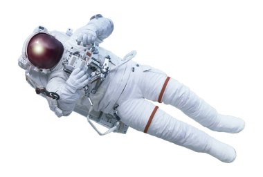 Astronot, elinde cihazla, bir uzay giysisi içinde, beyaz bir arka plan üzerinde izole edilmiş. Bu görüntünün unsurları Nasa tarafından döşenmiştir