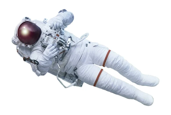 De astronaut, met het apparaat in de hand, in een ruimtepak, geïsoleerd op een witte achtergrond. Elementen van dit beeld werden geleverd door NASA — Stockfoto