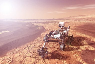 Mars gezgini Mars gezegeninin yüzeyini keşfeder. Bu görüntünün unsurları Nasa tarafından döşenmiştir