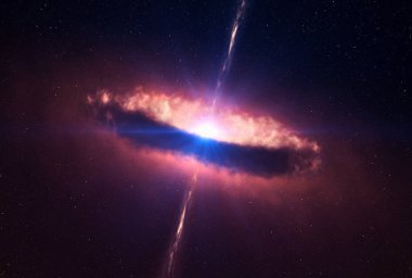Uzayın derinliklerinde parlak, kırmızı-koyu kuasar. Bu görüntünün unsurları Nasa tarafından döşenmiştir
