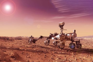 Mars gezegenin yüzeyini keşfediyor. Bu görüntünün unsurları Nasa tarafından döşenmiştir