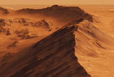 Mars'taki yüzey ve dağlar, gökyüzüyle birlikte. Bu görüntünün unsurları Nasa tarafından döşenmiştir