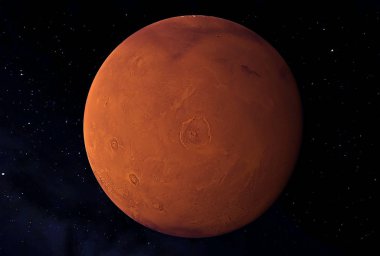 Planet Mars, in red rusty color, on a dark background.  Elements of this image were furnished by NASA clipart