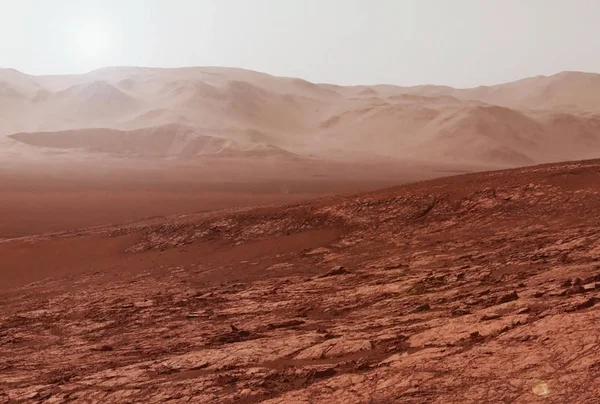 Mars'taki yüzey ve dağlar, gökyüzüyle birlikte. Bu görüntünün unsurları Nasa tarafından döşenmiştir