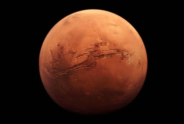 Mars gezegeni, kırmızı paslı renkte, koyu bir arka plan üzerinde. Bu görüntünün unsurları Nasa tarafından döşenmiştir