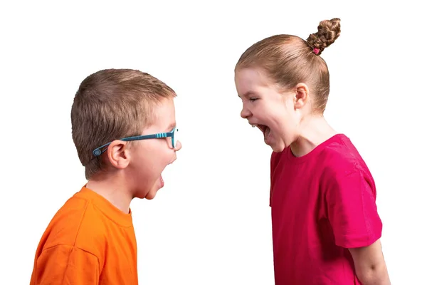Syster och bror skriker åt varandra. Isolerad på en vit bakgrund. — Stockfoto