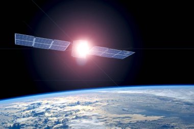Dünya üzerindeki uzay uydusu ışığın yansımasıyla. Bu görüntünün elementleri Nasa tarafından döşendi.