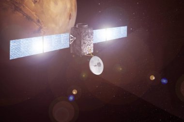 Uzay uydusu Mars 'ın yörüngesinde. Bu görüntünün elementleri Nasa tarafından döşendi.