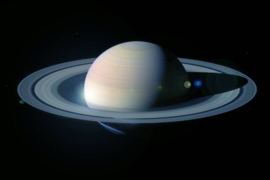 Satürn gezegeni, halkalarla ve güneş ışınlarıyla. Bu görüntünün elementleri Nasa tarafından döşendi.