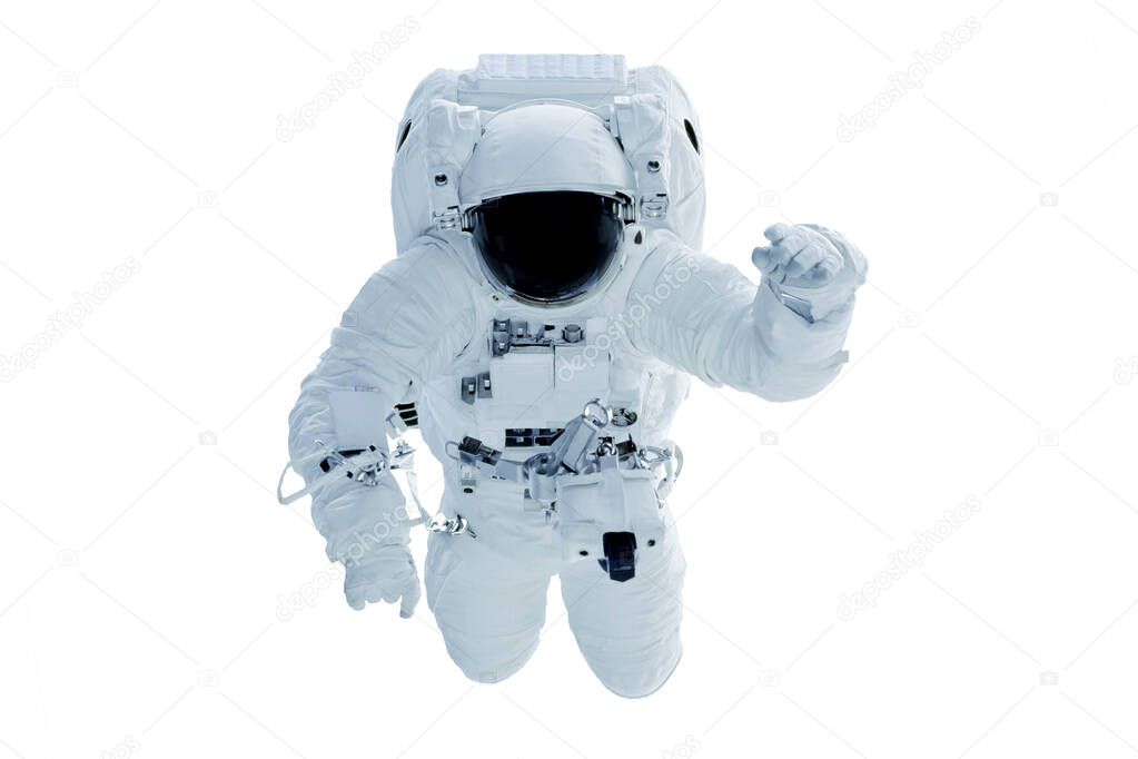Astronaut in a darkened spacesuit waving his hand. Isolated on a white background. Elements of this image were furnished by NASA.
