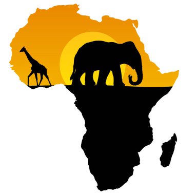 vektör harita Afrika siyah ve sarı hayvan zürafa ve fil