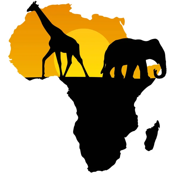 非洲的矢量地图黑和黄色动物长颈鹿和大象 — 图库矢量图片