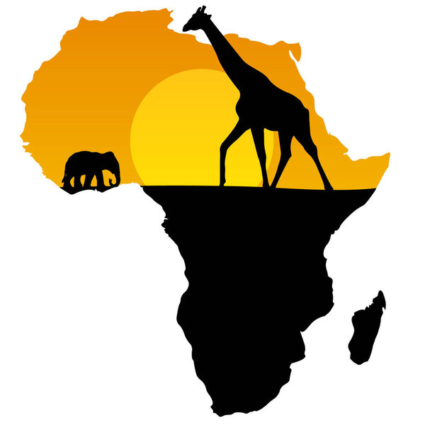 векторная карта Африки черный и желтый животный жираф и слон
