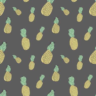 elle çizilmiş sorunsuz ananas desen sarı-koyu arka plan üzerinde yeşil