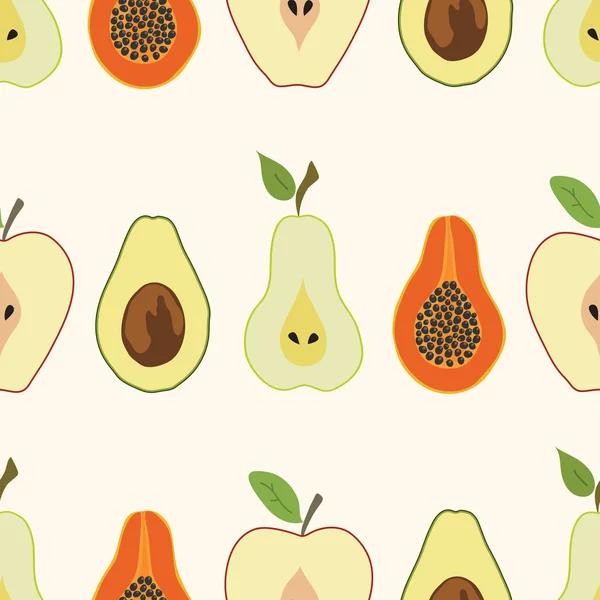 Hand Lichte Achtergrond Naadloze Avocado Appel Peer Papaya Patroon Getekend — Stockvector