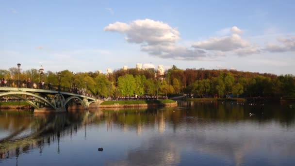 Gyönyörű kilátás a tóra és egy gyalogos híddal a Tsaritsyno parkban, — Stock videók