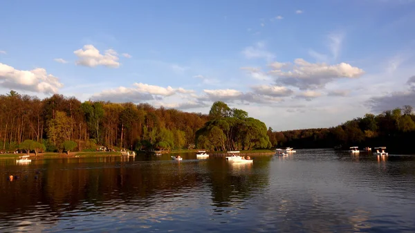 Прекрасний вид на озеро з човнами і катамаранами в парку — стокове фото