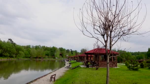 Bela vista da lagoa de pesca com gazebos, vídeo 4k — Vídeo de Stock