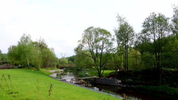 Beautiful view of the fishing pond with gazebos, 4k video — Stock Video