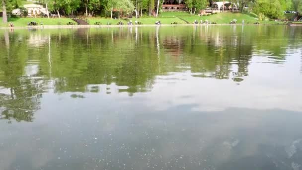 Hermosa vista del estanque de pesca con gazebos, video 4k — Vídeo de stock