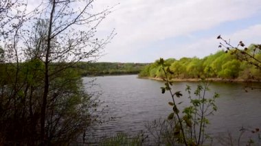 Ağaçların üzerinden nehir güzel görünümü, su bulutlar yansıması