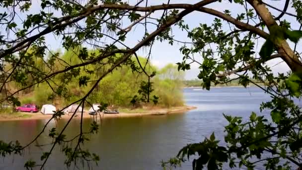 Bella vista sul fiume attraverso gli alberi, riflesso di nuvole sull'acqua — Video Stock