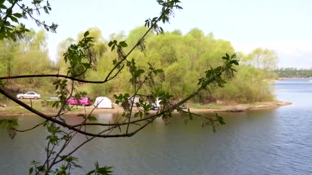 Bela vista do rio através das árvores, reflexo de nuvens na água — Vídeo de Stock